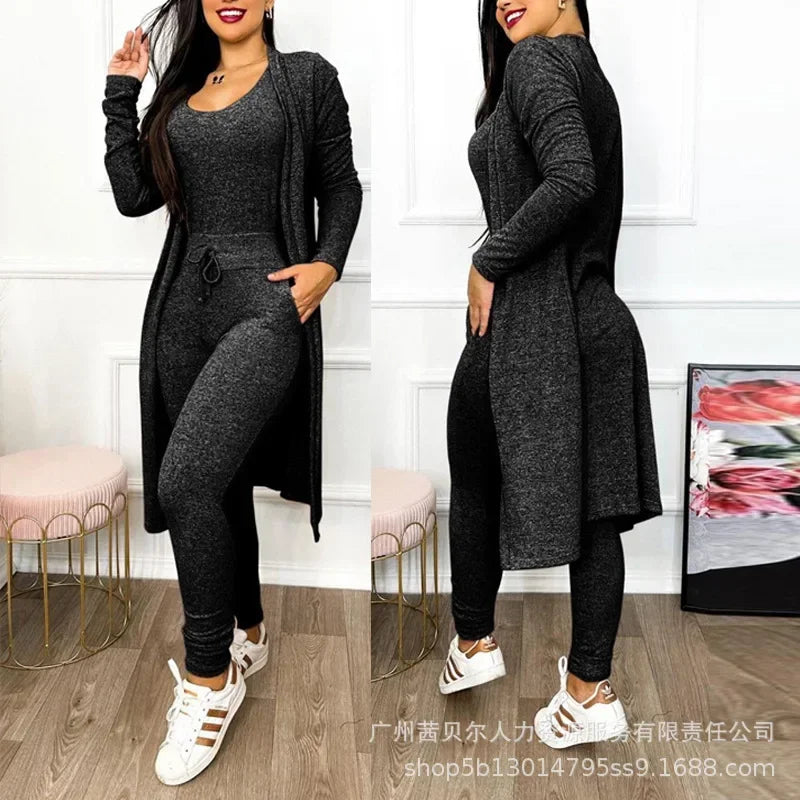 Jumpsuit & Coat Set Autumn Women Drawstring Pocket Pants Sets One