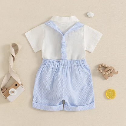 Infant Baby Boy Summer Gentleman Outfit Short Sleeve Lapel Neck Shirt Romper + Stripe Suspender Shorts + Bowtie for Newborn