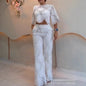 Women 2 Pieces Outfit Lace Hollow Out Bell Sleeve Crop Top and Casual Slim Fit Straight Leg Pants Set