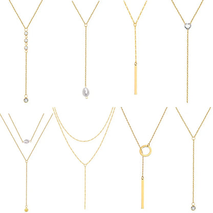 Drop Y Lariat Necklace with Bar Pendant, Stainless Steel Long Chain, Womens Necklaces Trendy