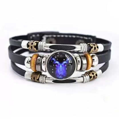 Twelve Constellations Luminous Leather Bracelet Retro Multi-layer Beaded Leather Bracelet Jewelry Gifts for Men Women Couples