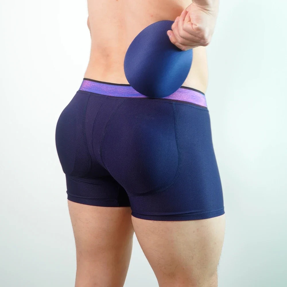 Men's Underwear Padded Buttocks Boxer Trunk with Butt Pads, Breathable Mesh, Long Boxer Shorts, Elastic and Comfortable