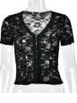 JULISSA MO Sexy Deep V-neck Sheer Lace Women T-shirt Black Short Sleeve Floral T-shirt Summer Skinny Casual Vacation Streetwear