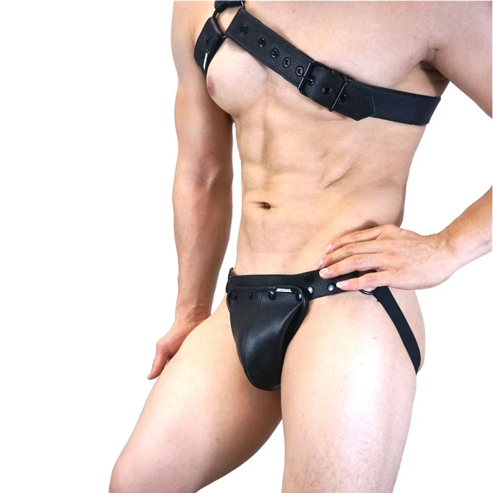 Men's Leather Tri Harness Chest Armor Buckles Adjustable Size Removable Pouch Faux Leather Jockstrap Gay Underwear  Costumes