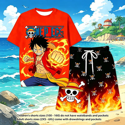 Anime One Piece Luffy Printed Short Sleeve T Shirt and Shorts Set