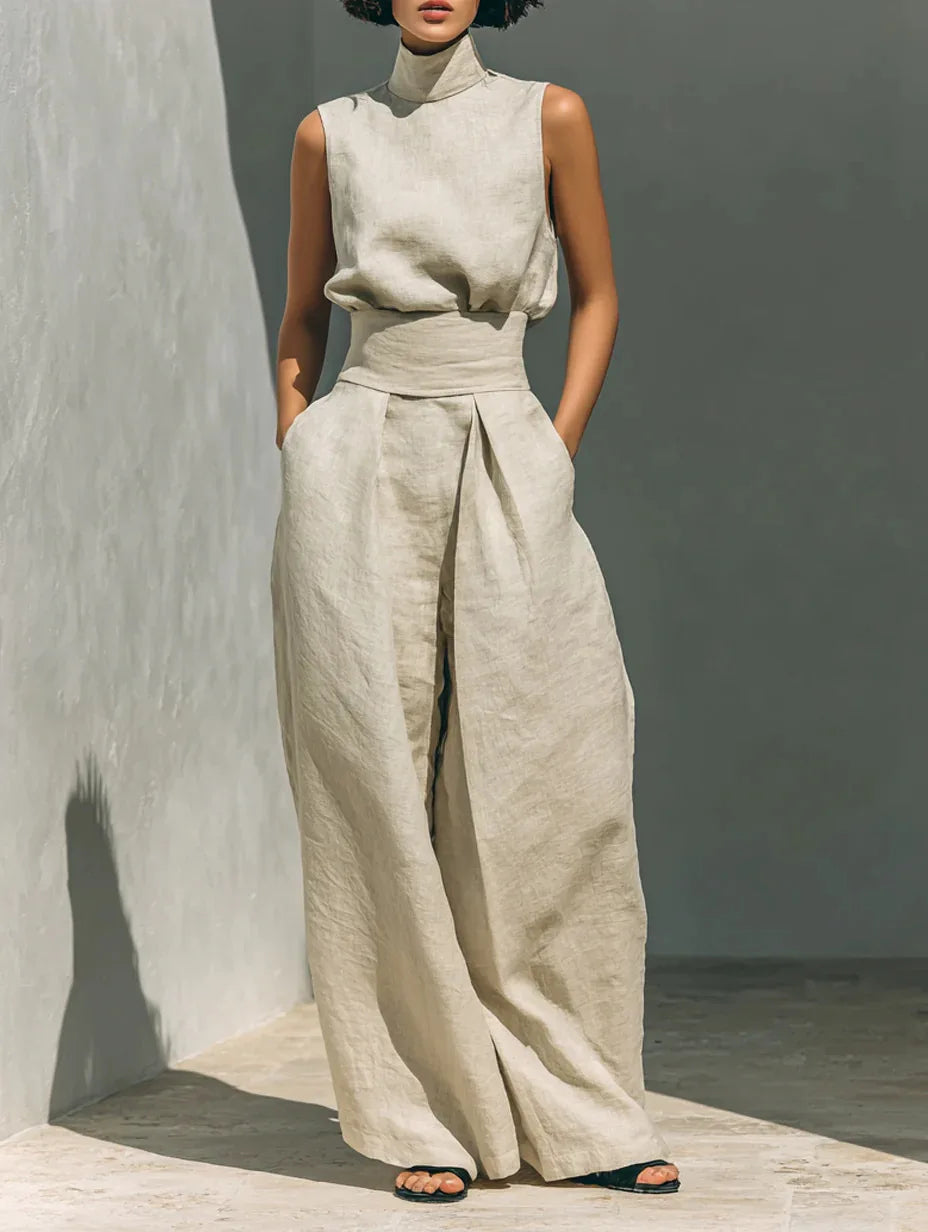 Women 2 Piece Outfit, Sleeveless High Neck Blouse & High Waist Wide