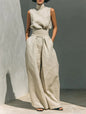 Women 2 Piece Outfit, Sleeveless High Neck Blouse & High Waist Wide