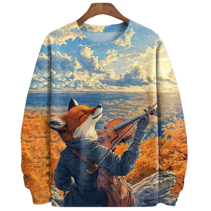 Animal Fox Printed Hoody Men Oversized Sweatshirts Hip Hop Round Neck Streetwear Clothing Loose Fleece Men's Hoodies Pullover