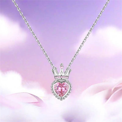 Romantic Pink Crown Heart Pendant Necklace Genuine 925 Sterling Silver Elegant Fine Jewelry for Women Wedding Holiday Presents