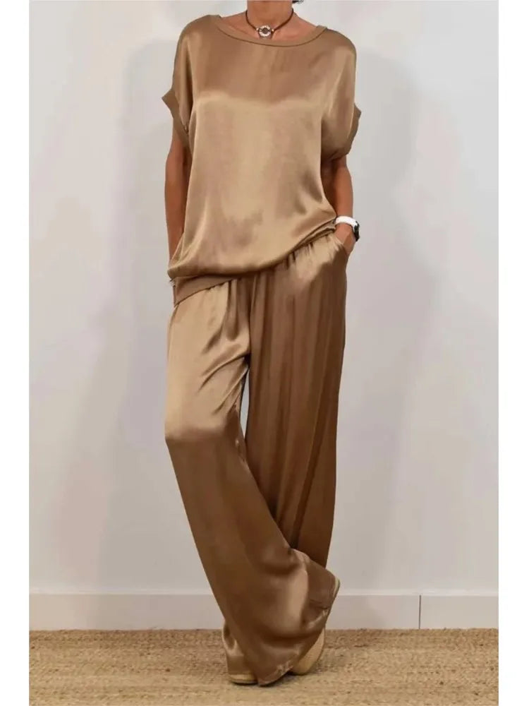 2-Piece Set Fashion Satin O Neck T-Shirt Top Trousers Summer Retro