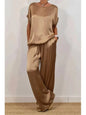 2-Piece Set Fashion Satin O Neck T-Shirt Top Trousers Summer Retro