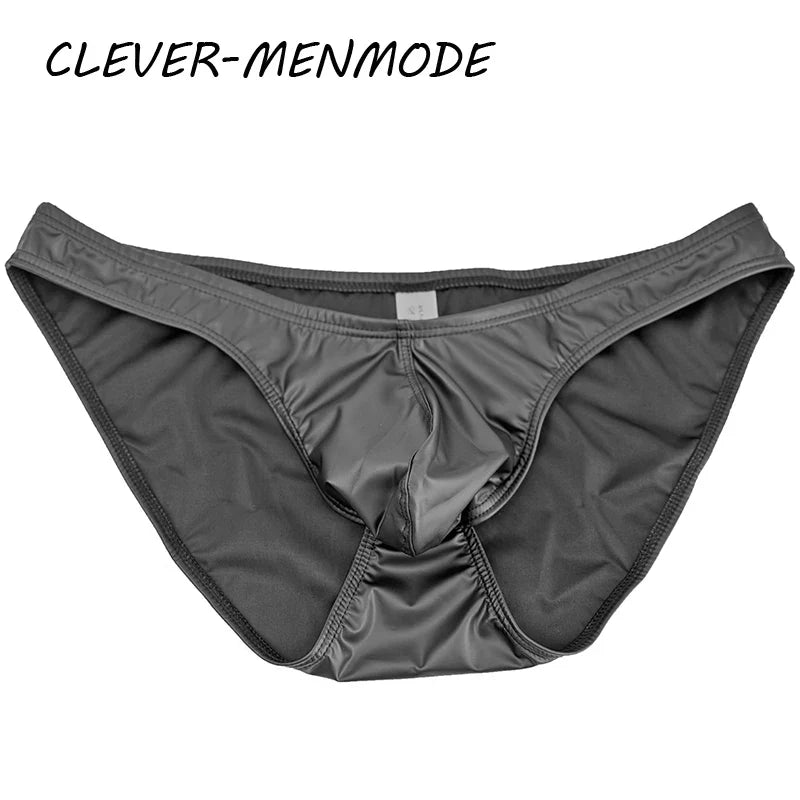 Men's Sexy PU Glossy Finish Briefs Ultra Low Faux Leather Underwear Bulge Penis Pouch Underpants U Convex Bikini Exotic Costume