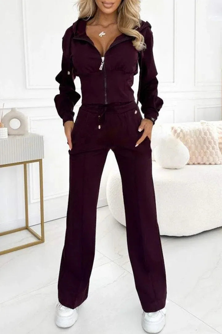 Autumn Casual Solid Sportswear Women Set Fashion Zipper Hooded