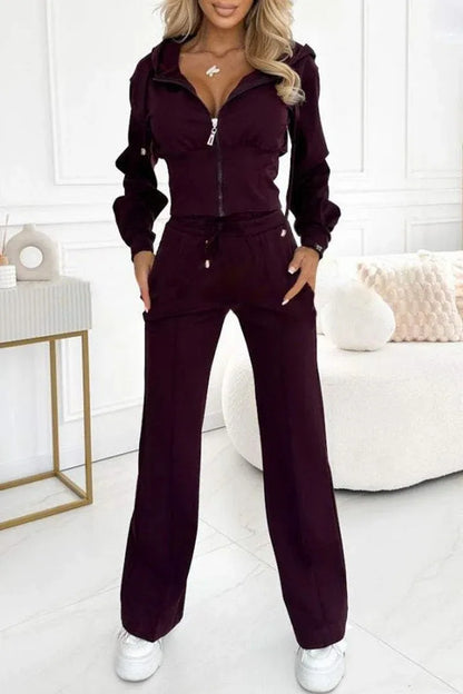 Autumn Casual Solid Sportswear Women Set Fashion Zipper Hooded