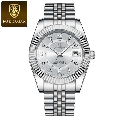 POEDAGAR Classic Luxury Men's Quartz Watches Stainless Steel Date Man Watch Waterproof Luminous Fashion Business Male Wristwatch