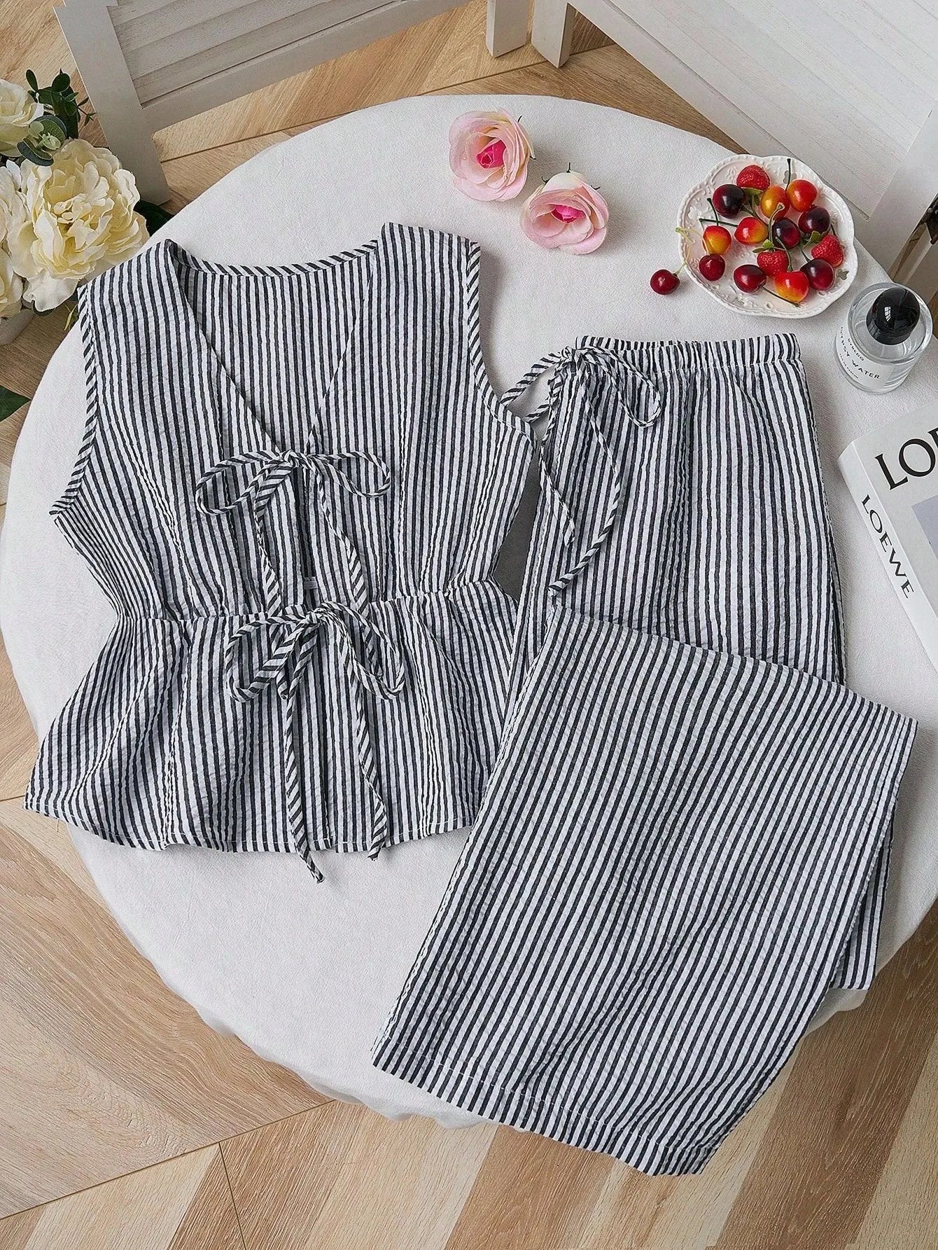 Summer Two Piece Set Women Striped V Neck Lace Up Sleeveless Blouse
