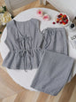 Summer Two Piece Set Women Striped V Neck Lace Up Sleeveless Blouse