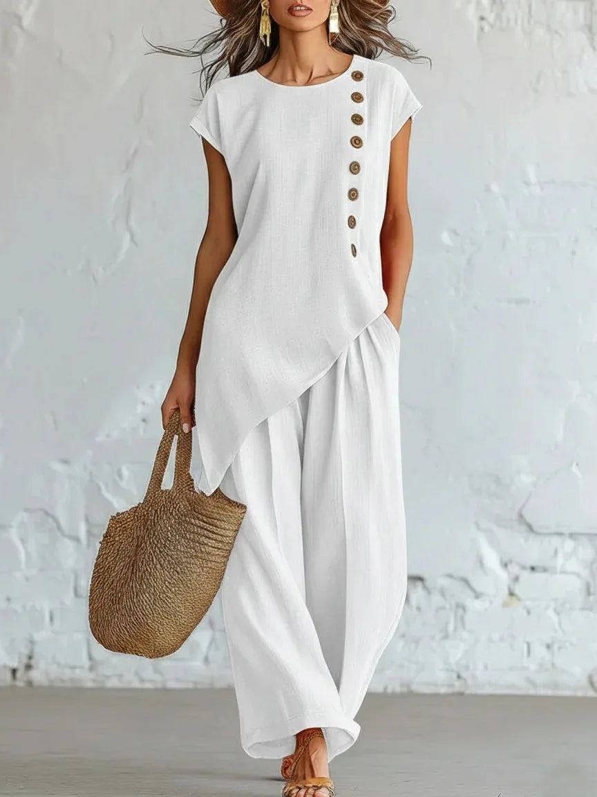 Women 2 Piece Set Elastic Waist Pocket Button Decorate Wide Leg
