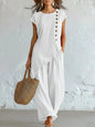 Women 2 Piece Set Elastic Waist Pocket Button Decorate Wide Leg