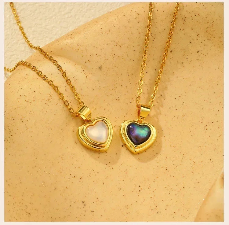 Summer Waterproof Necklace for Women, Nature Abalone Shell Heart Square Round Shape Pendant Statement Jewelry