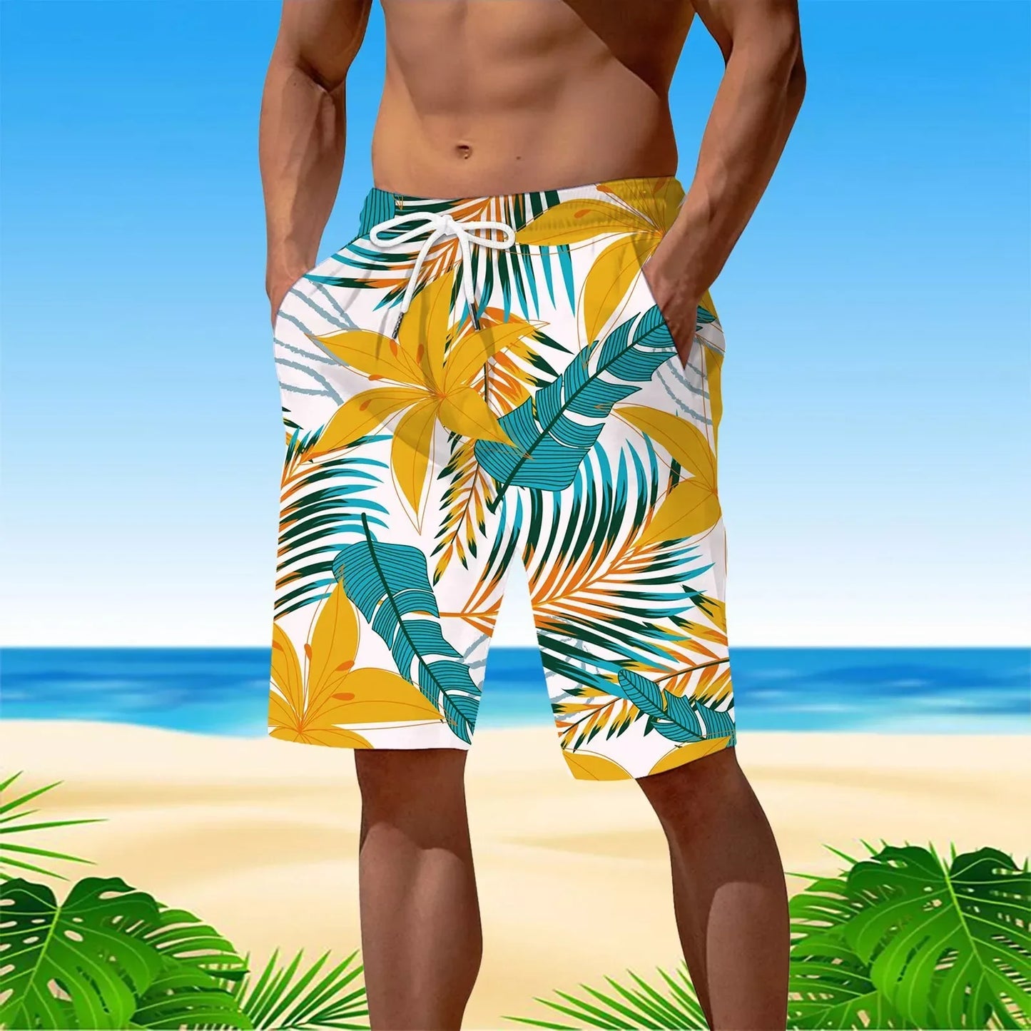Men's Palm Tree Gradient Pattern Fashion Shorts Boys Summer Cool Hawaii 3D Printed Casual Swim Trunks Quick Dry Surfboard Shorts