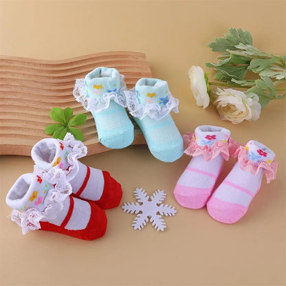 6Pairs/lot Newborn Baby Socks For 0-24Month Girls Lace Infant Girls Sock Princess Bow Toddler Baby Girls Socks