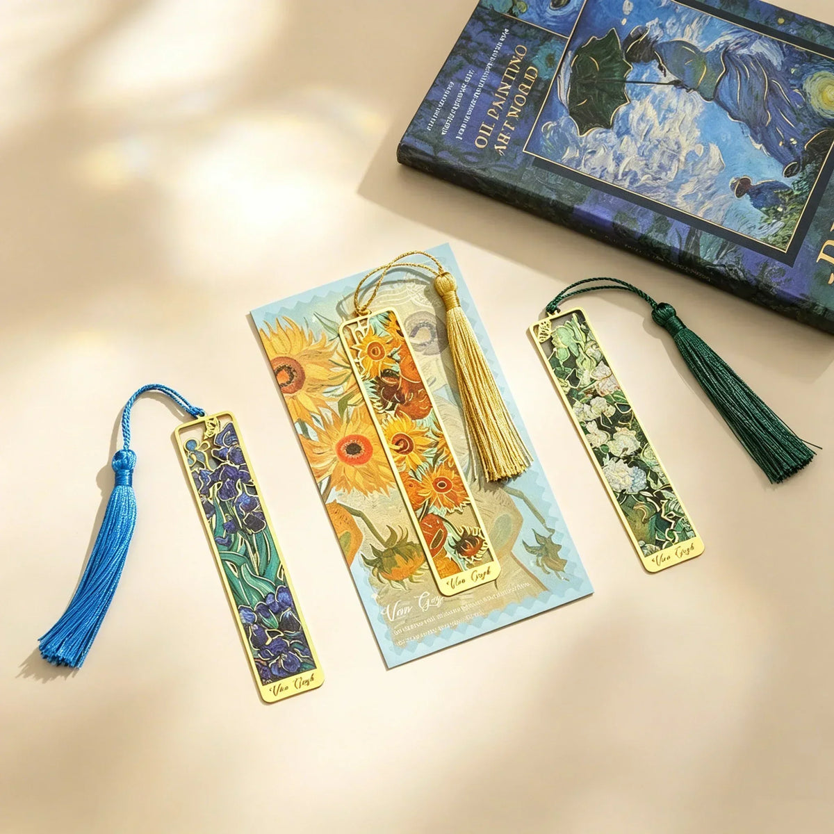 Van Gogh Monet Oil Painting Metal Bookmark Hollow Art Book Mark With Tassel, Vintage Reading Accessories Gift For Book Lovers