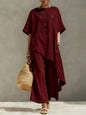 Women Cotton Linen Pant Sets 2 Pieces Casual Half Sleeve Solid Loose Irregular Blouse Elastic Waist Wide Leg Full Trousers Suits