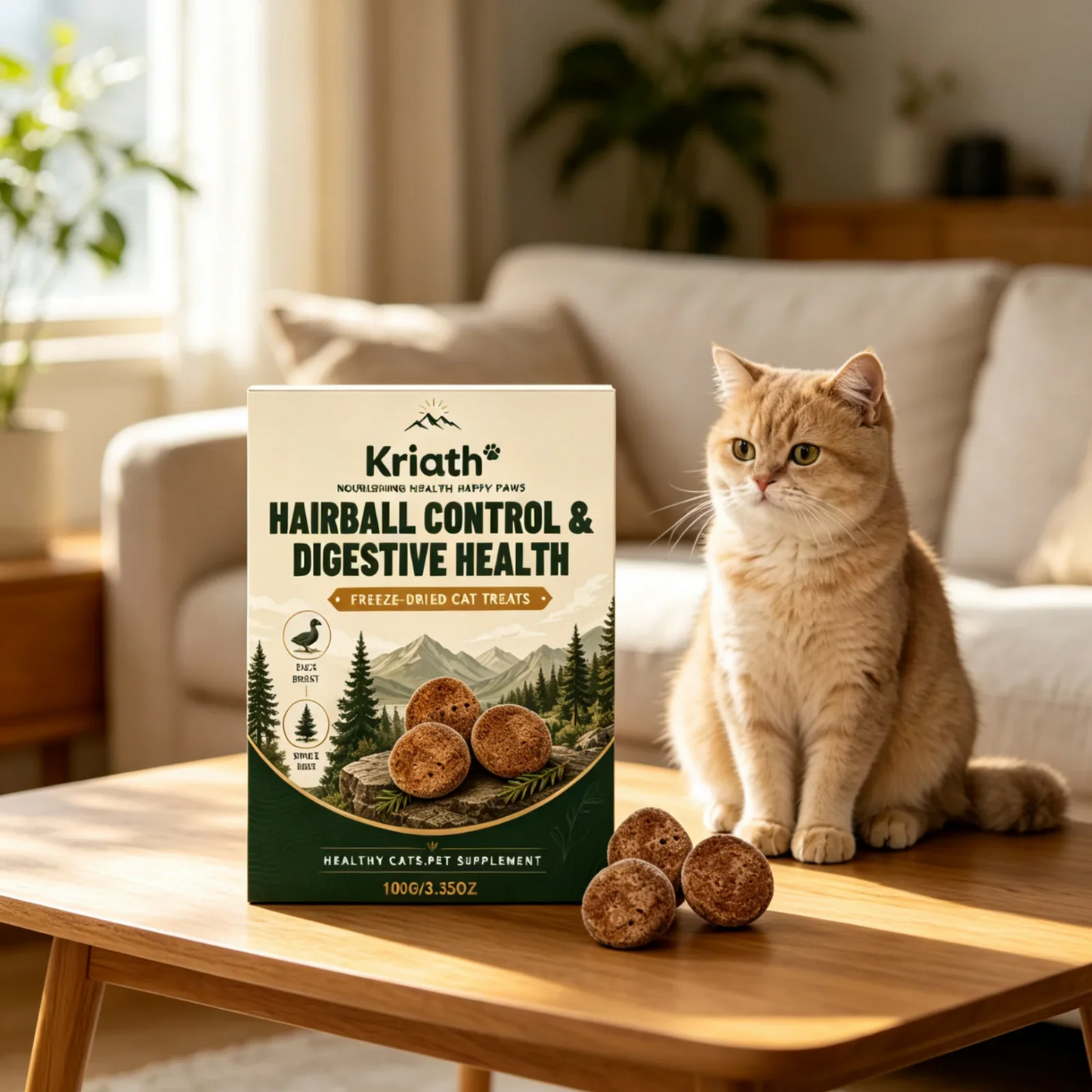 Kriath Freeze Dried Cat Treats Hairball Control Digestive Health Nutritional Balance Gentle Natural Ingredients Cat Supplement
