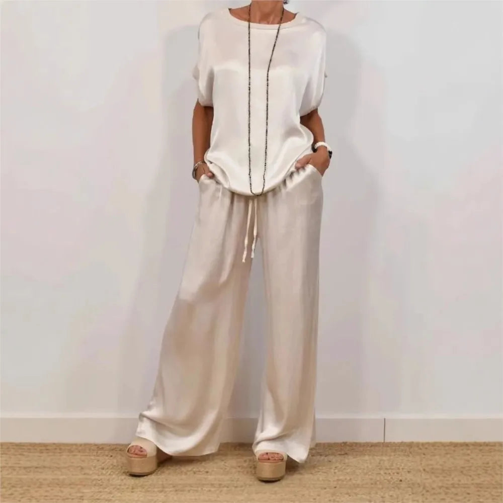2-Piece Set Fashion Satin O Neck T-Shirt Top Trousers Summer Retro