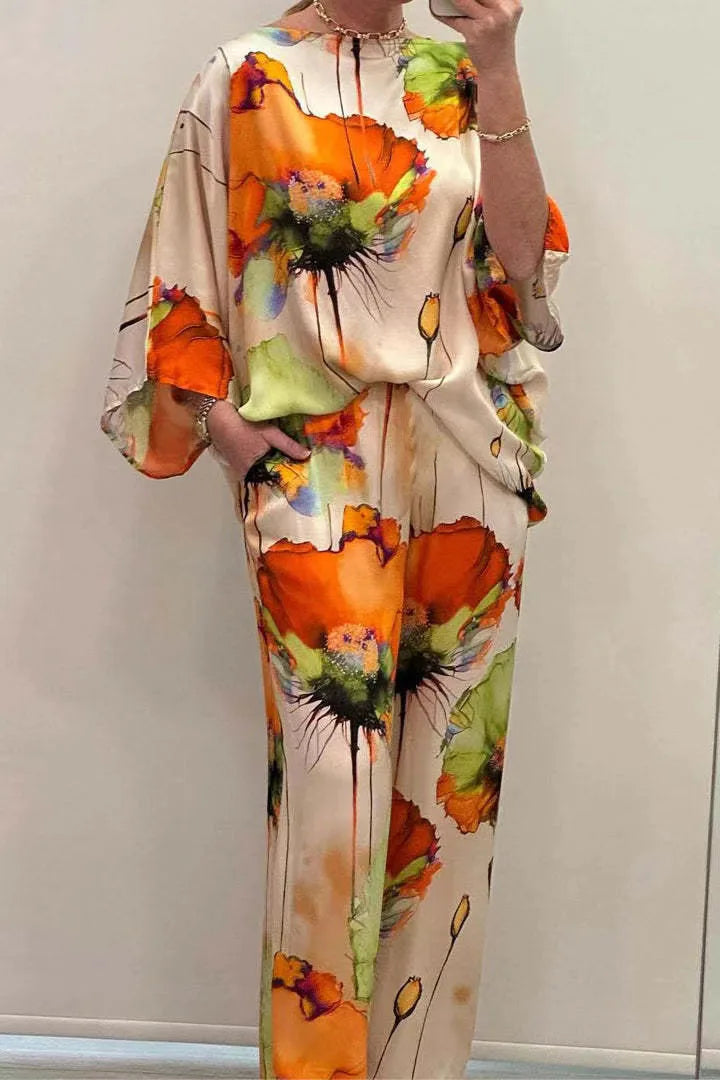 Casual Sets for Women 2 Pieces Summer Fashion Printed Satin Two Piece