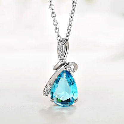 Huitan Elegant Women Pendant Necklace Fresh Style Wedding Anniversary Accessories Inlaid Shining Blue CZ Daily Trendy Jewelry