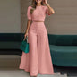 Women Elegant Solid Two Piece Sets Summer Short Sleeve Button-down Crop Blouse Top High Waist Wide-leg Pants Set Casual Outfits
