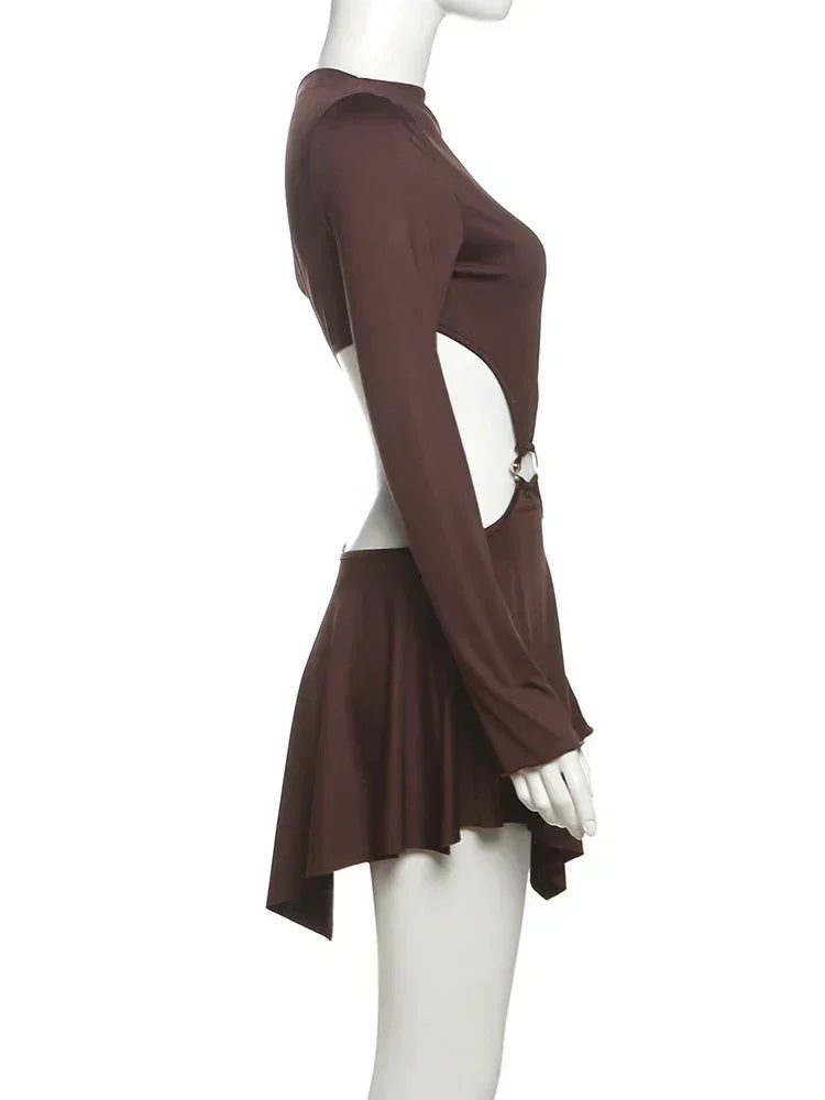 Whatiwear Hollow Waistless Dress Women Skew Collar Off Shoulder Full Sleeve Rings Patchwork Ruched Elegant Fashion Mini Bodycon