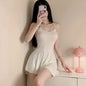 Women Sexy Halter Backless Slim V-neck  Mini Dress Smooth  Allure Pleated Micro MINI Dress Fashion Uniform Party Night Outfits