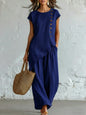 Women 2 Piece Set Elastic Waist Pocket Button Decorate Wide Leg