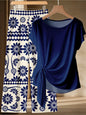 Summer Women's plus Size Casual Loose Two-Piece Set Solid Color Twisted T-Shirt with Blue White Printed Wide Leg Pants