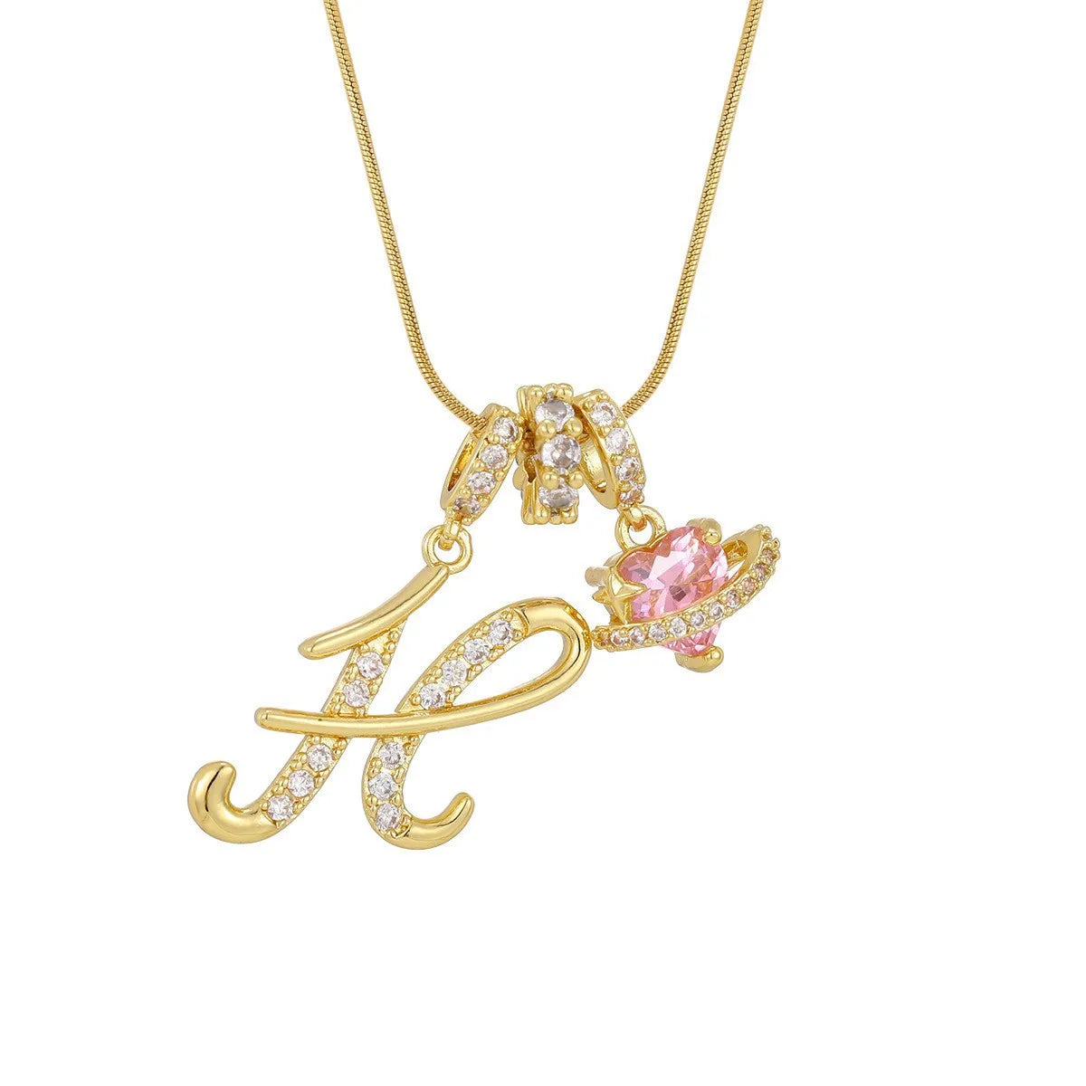 Fashion Letter Necklace for Women Pink Zircon Heart-shaped Pendant Suitable for Girls to Wear Personalized Gold-plated Jewelry