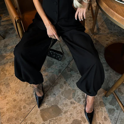 Casual Women's Waist Cinched Blazer Pants Set O-Neck Puff Sleeve