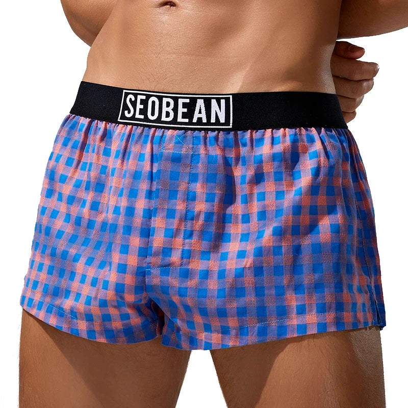 SEOBEAN Mens Cotton Plaid Underwear Boxers U convex Pouch Sleepwear Shorts Underpants Boxer Shorts