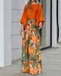 New Women's Clothing Set Lantern Sleeves Loose Top Printed Wide Leg Pants Two Piece Set Casual Ladies Trouser Outfit 2025 Summer