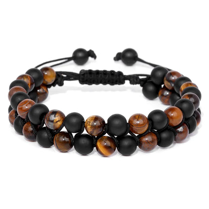 Men Triple Protection Stone Bead Bracelet Double Layers Tiger Eye Hematite Obsidian Rope Wrap Bracelet Handmade Jewelry Gift