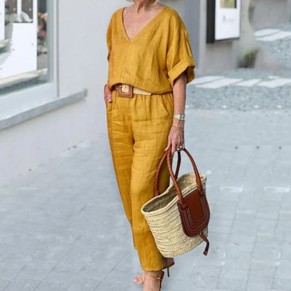 2 Piece Sets Women Outfit Women Suits Gray V-Neck Short Sleeve Tops