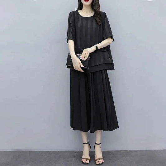 Summer Femme Short Sleeve Two-piece Suit 2025 Women Fashion Large Size 5XL Trousers Korean Lady Solid Color Wide Leg Pants 2PCS