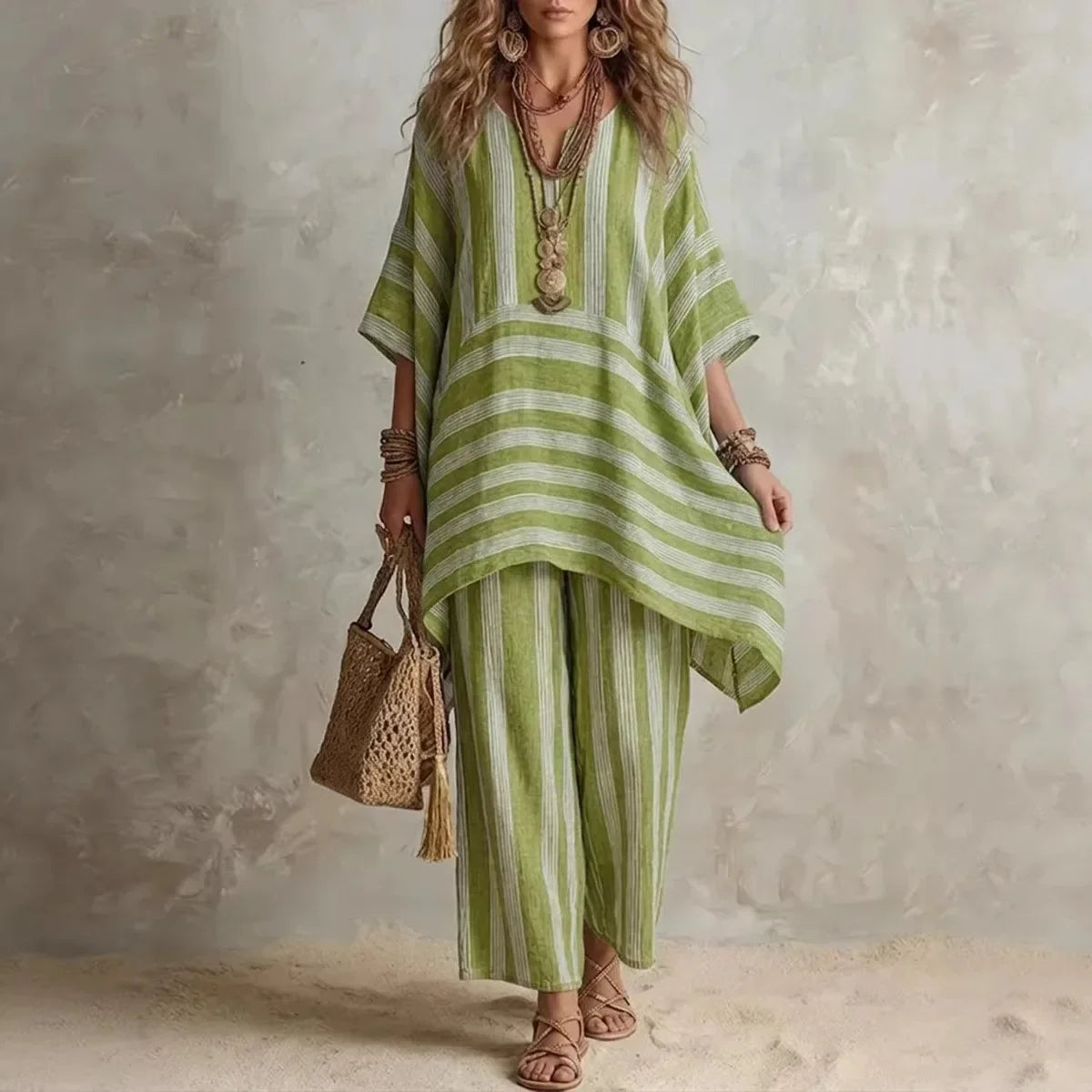 New Women's Two Piece Spring/summer Fashion V-Neck Loose Striped