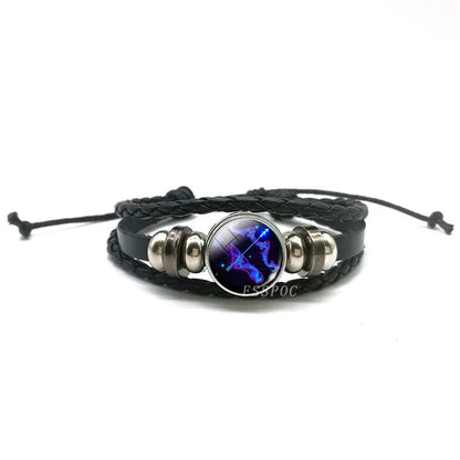 New Men 12 Constellation Black Braided Leather Bracelet Punk Style Zodiac Sign Multilayer Weave Wrap Bracelet For Birthday Gifts
