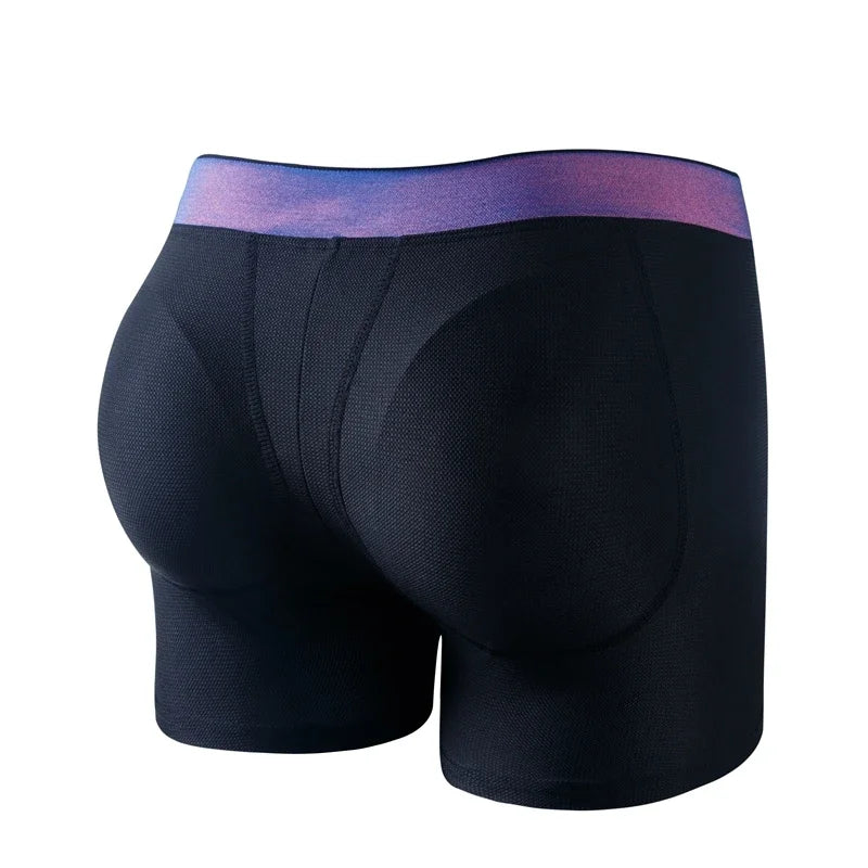 Men's Underwear Padded Buttocks Boxer Trunk with Butt Pads, Breathable Mesh, Long Boxer Shorts, Elastic and Comfortable