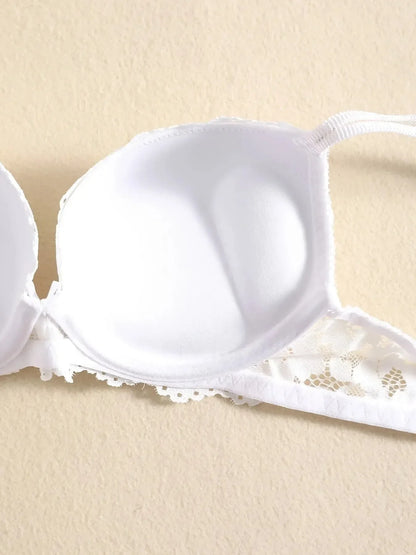 1 Set Elegant Lace Embroidery & Breathable Fabric Lingerie Set: Push-Up Bra, Drop Waist Sheer Panty - Ultimate Valentine's Day