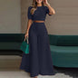 Women Elegant Solid Two Piece Sets Summer Short Sleeve Button-down Crop Blouse Top High Waist Wide-leg Pants Set Casual Outfits