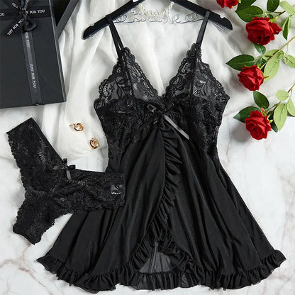 Ultra Sexy Lingerie Women Lace SeeThrough Nightdress Erotic PajamasSolid Soft Slim V Neck Sleepwear Summer Dress & Thong Kit